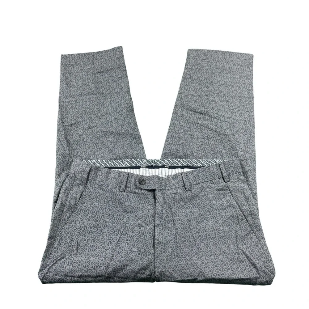 Hiltl Gray Blue Floral Angelico Wool Flat Front Dress Pants Trouser Mens 34x28